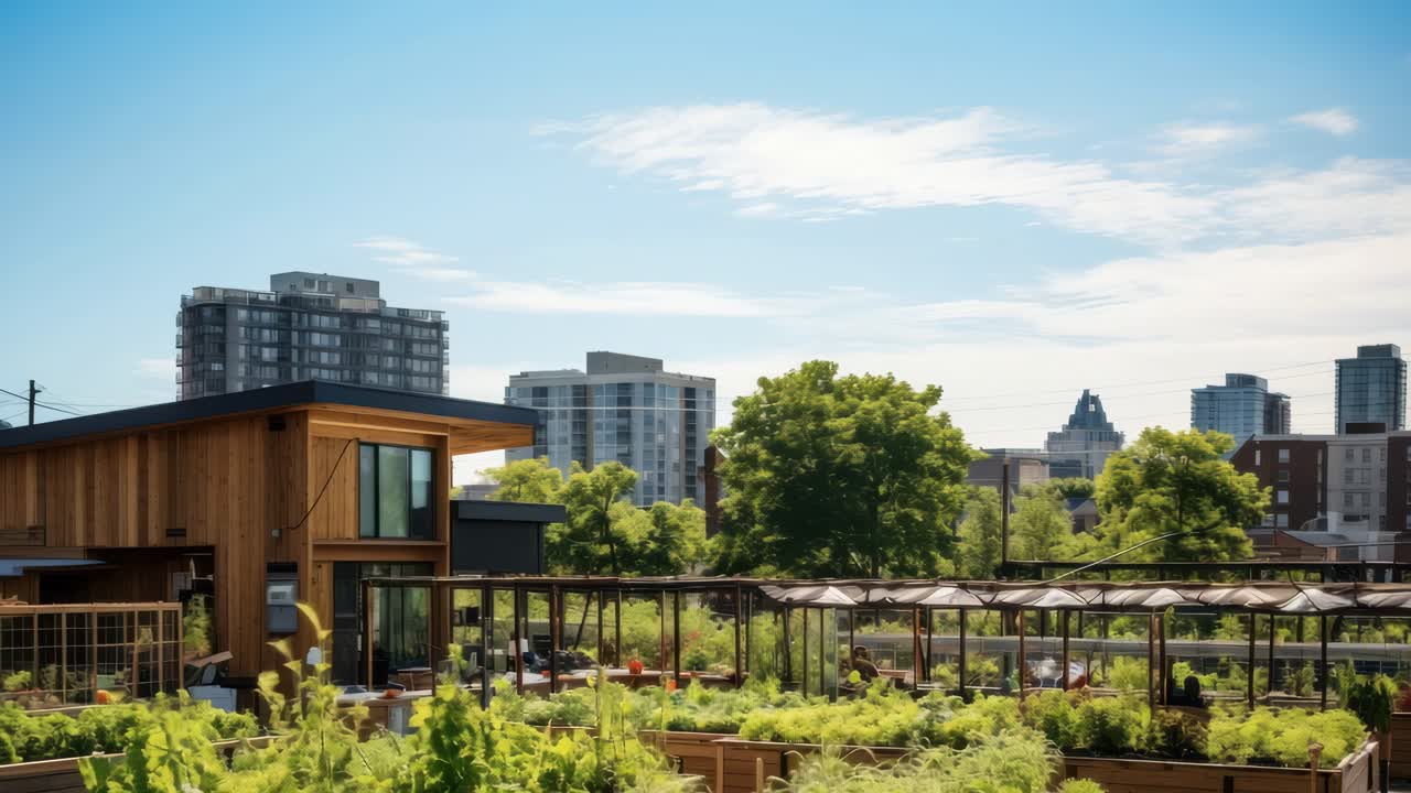Aerial video shot of an urban rooftop garden, blending modern architecture with lush greenery, set