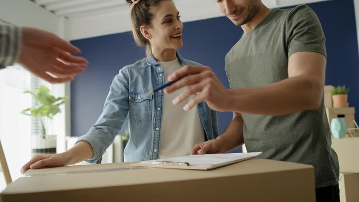 Tracking video of couple signing a house purchase agreement.