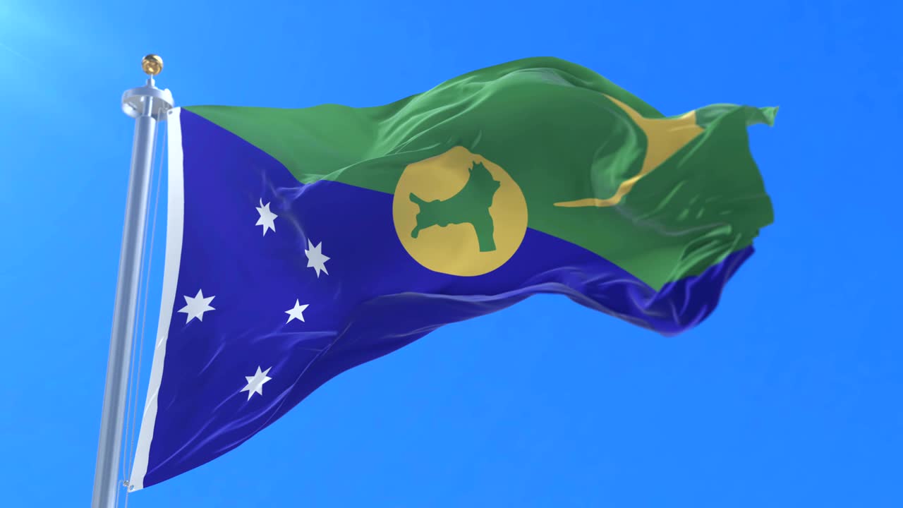 크리스마스 섬의 발이 파란 하늘과 함께 느리게 바람에 흔들리고, 루프