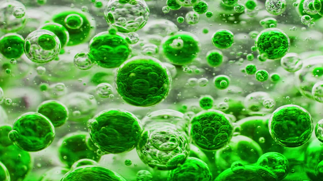 물 속에서 움직이는 많은 녹색 거품의 매크로 샷