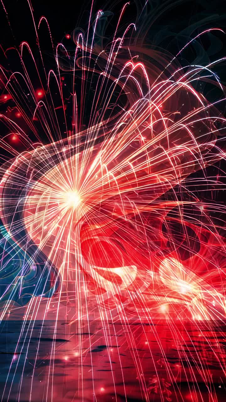 Vertical video: Bursting red fireworks swirling neon ribbons over reflective floor, neon light show