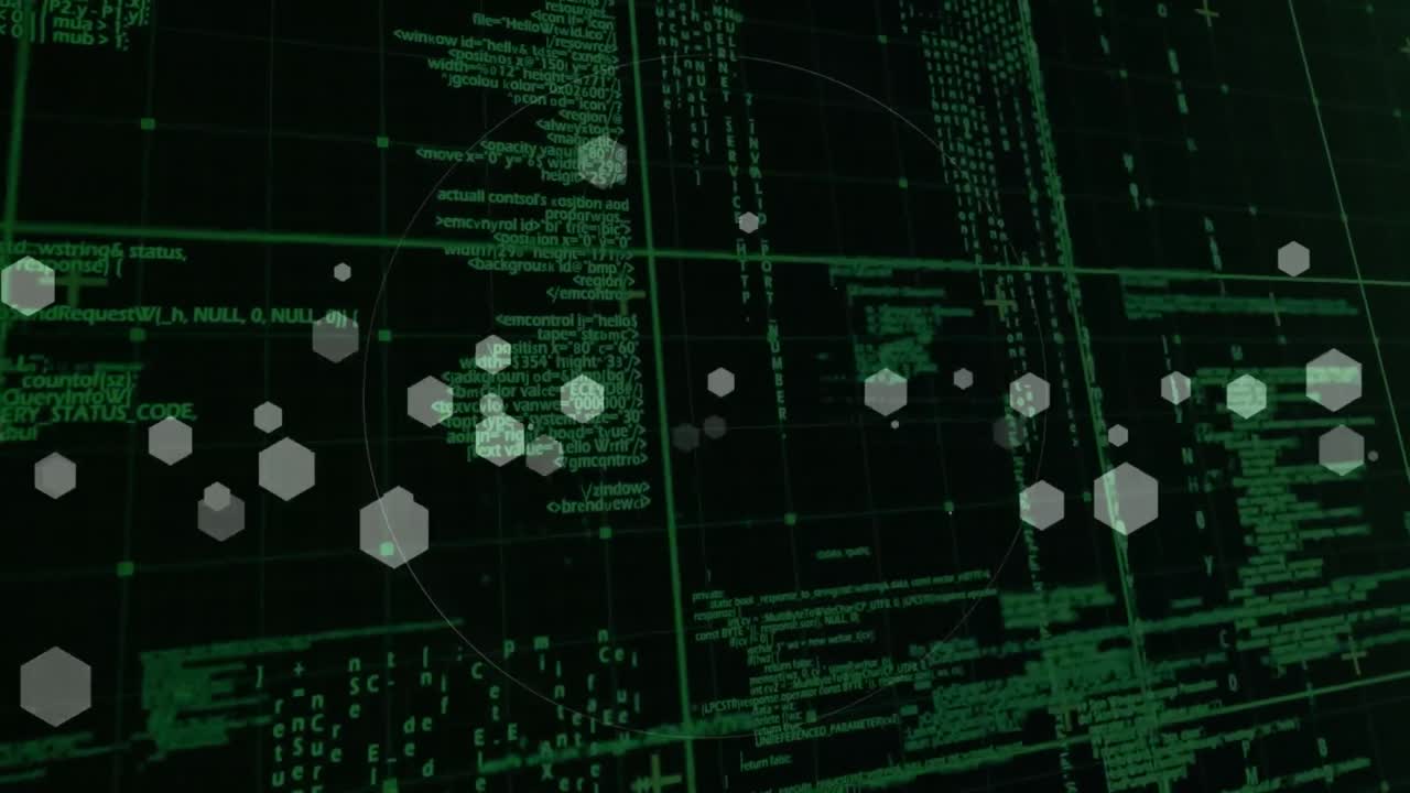 백그라운드에서 녹색 그리드에서 데이터 처리를 통해 범위 스캔의 애니메이션