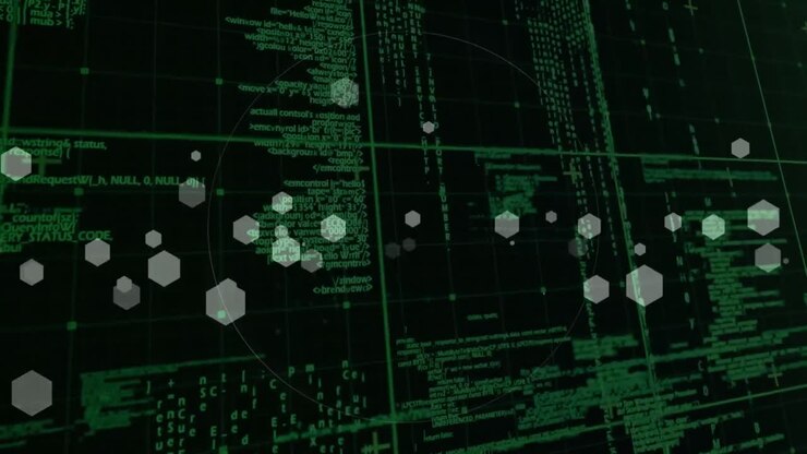 Animation of scope scanning over data processing on green grid in background