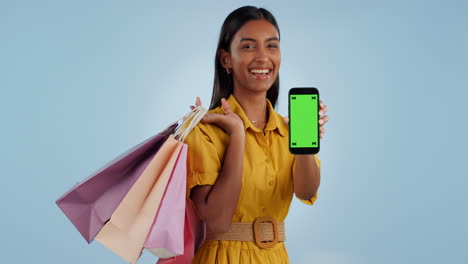 Happy-woman,-phone-and-green-screen-with-shopping