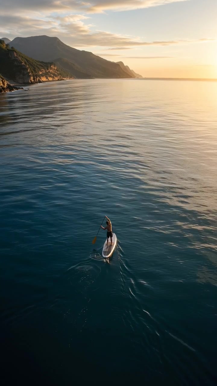 Un singolo praticante di stand up paddle sta in piedi e paga con costanza attraverso un oceano calmo vicino a scogliere costiere frastagliate all'ora d'oro, lasciando una scia leggera e increspature sotto un cielo caldo e luminoso e un orizzonte lontano.