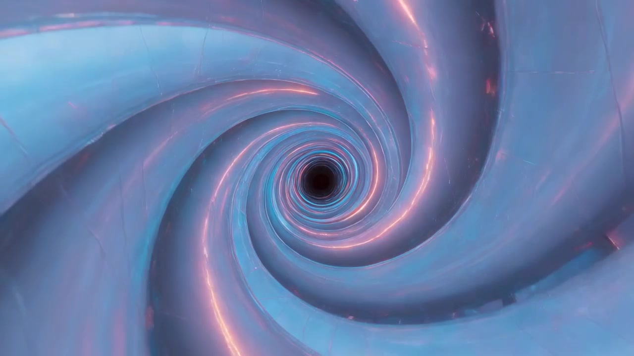 Vortex spiralé en rotation entraînant la vue dans un tunnel vers le vide, avec des bandes cyan ou violettes et des braises.