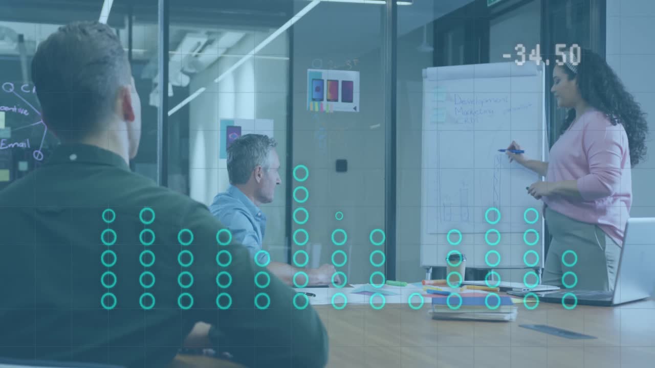 Animation of financial data processing over diverse business people having meeting at office