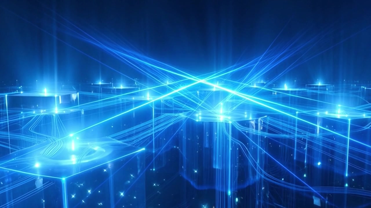 Abstract Digital Network Connecting Glowing Blue Cubes