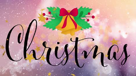 animación de saludos de navidad texto, decoraciones sobre la nieve que cae.