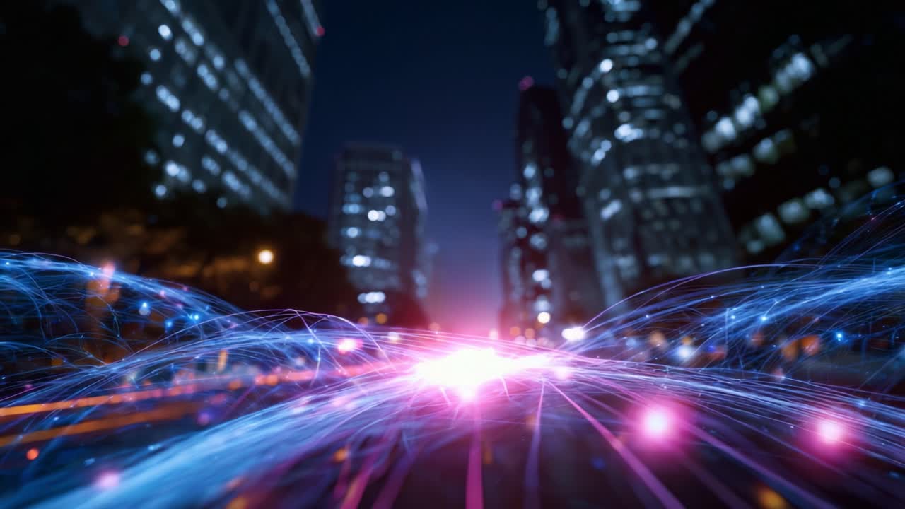 A mesmerizing blend of vibrant light trails weaving through a futuristic cityscape at night, capturing the essence of urban life and technology in motion