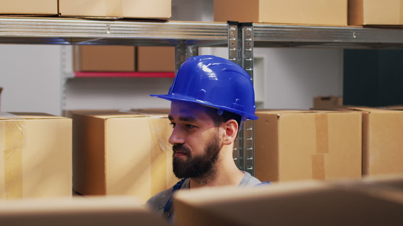 Worker in warehouse with boxes