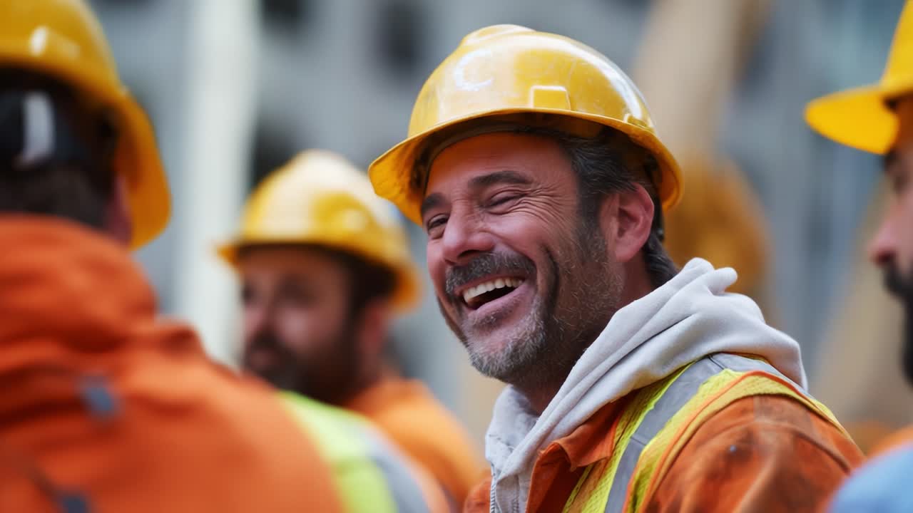 Cheerful Construction Workers Share Laughter at the Job Site, Capturing the Spirit of Teamwork and Safety in the Workplace with Bright Yellow Hard Hats and Vibrant Orange Gear