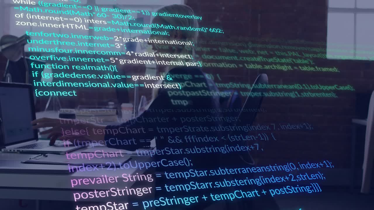 mid adult woman typing on laptop, initiating holographic code overlay for team coding