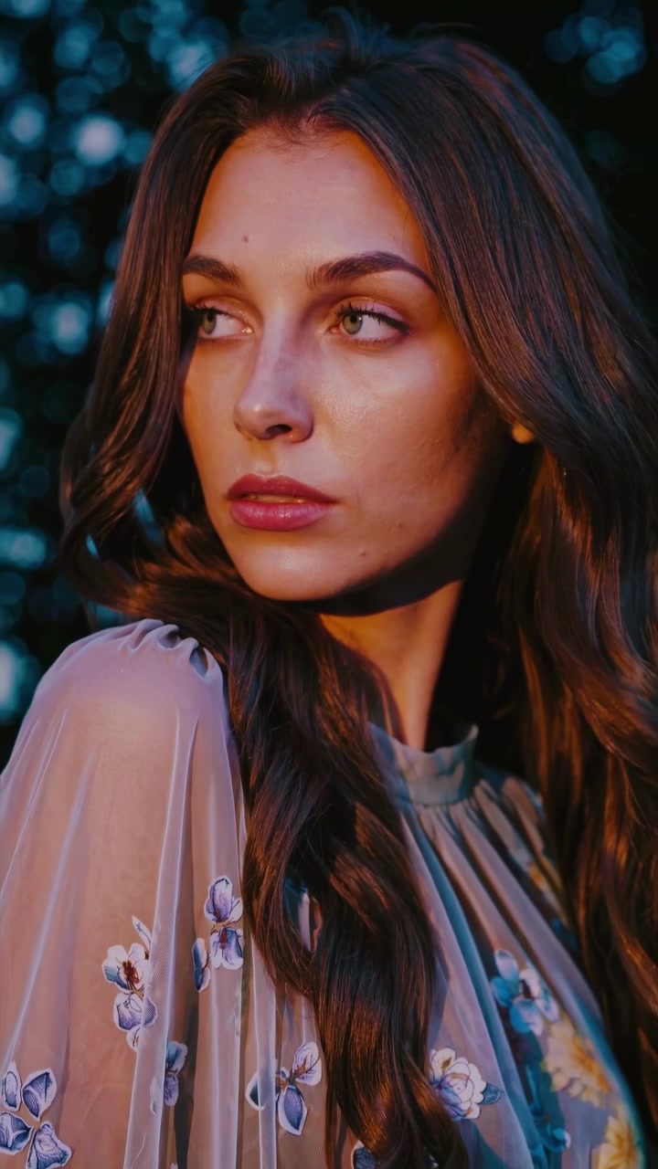 Retrato de una mujer joven con un vestido floral al atardecer