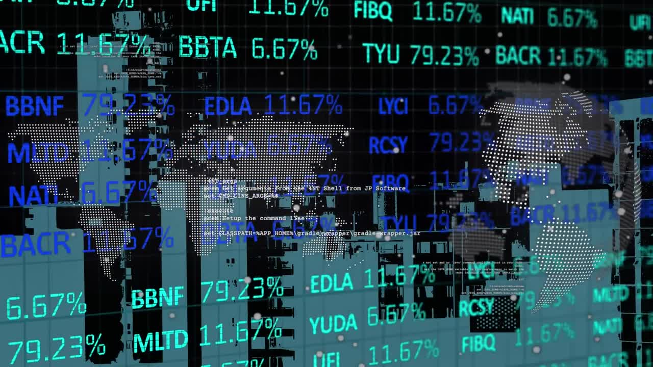 Digital animation of stock market data processing and 3d cityscape over spinning globe and world map