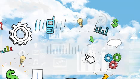 animation of digital internet icons and data processing over clouds