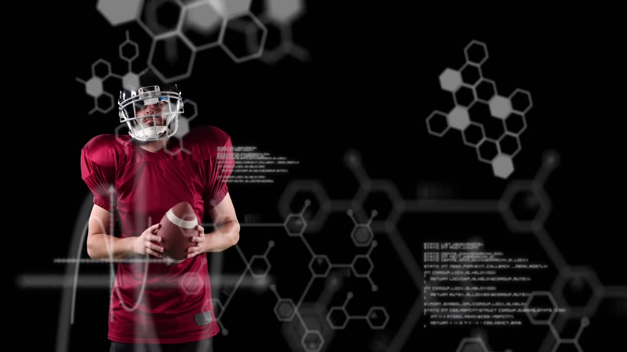 Animazione di strutture chimiche su un giocatore di football americano maschio con il pallone.