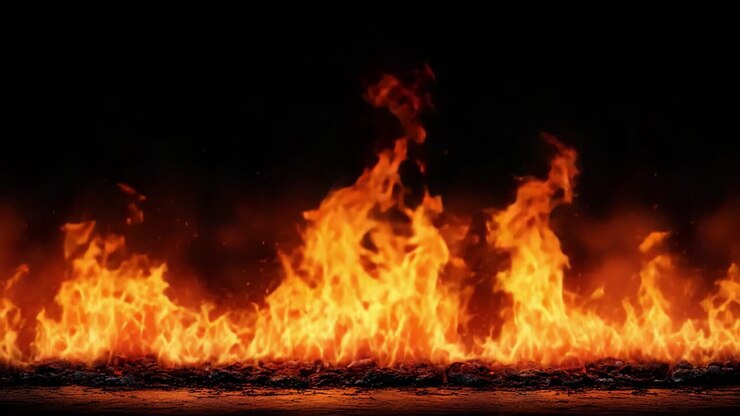 A Dramatic Display of Fire's Intensity: Captivating Flames Dancing Against a Dark Backdrop, Creating an Enveloping Ambiance of Heat and Light