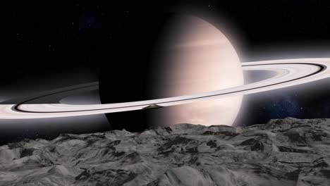 alien ufo over a snowy mountain range on a planet with rings