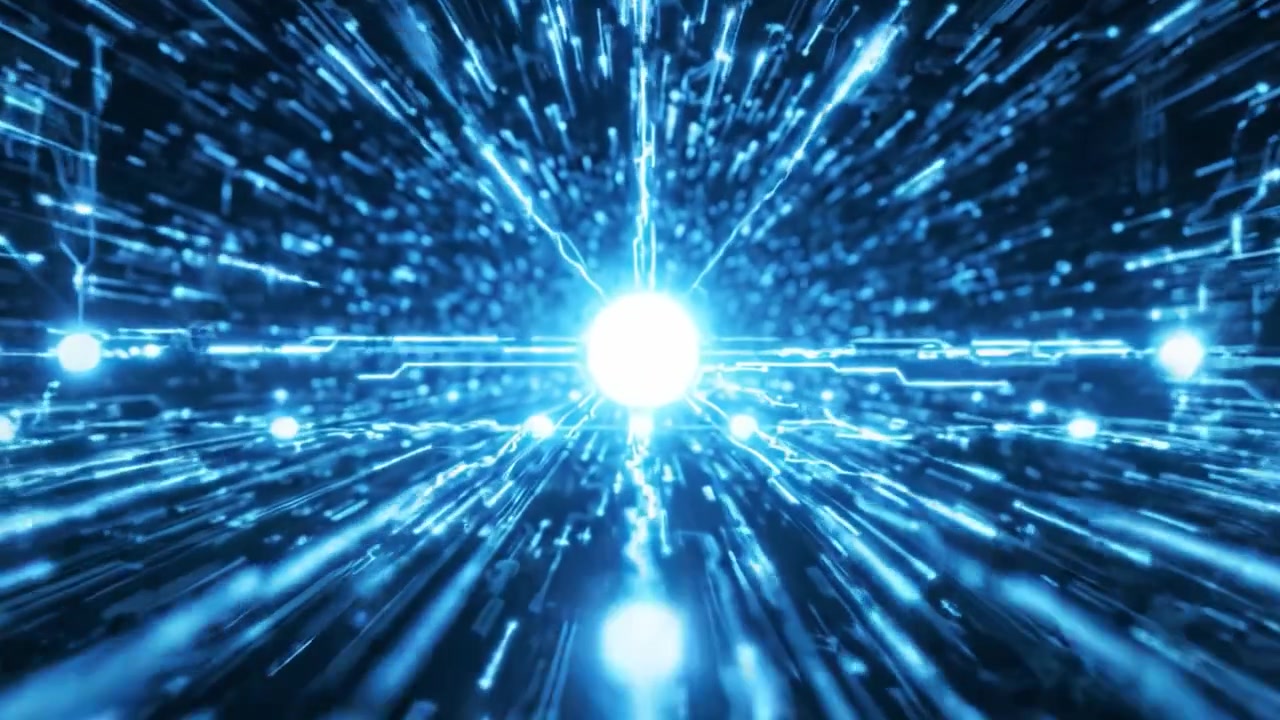 Dynamic Digital Visualization of Data Streaming Through a Futuristic Network: A Vibrant Blue Burst of Light and Information Flowing in a High-Speed Environment