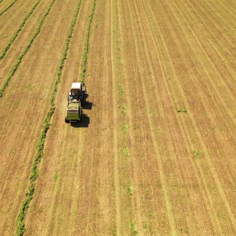 tractor harvesting grass on the farmland. rural works on the field to prepare grass for livestock. agricultural background with tractor. drone moves top down.