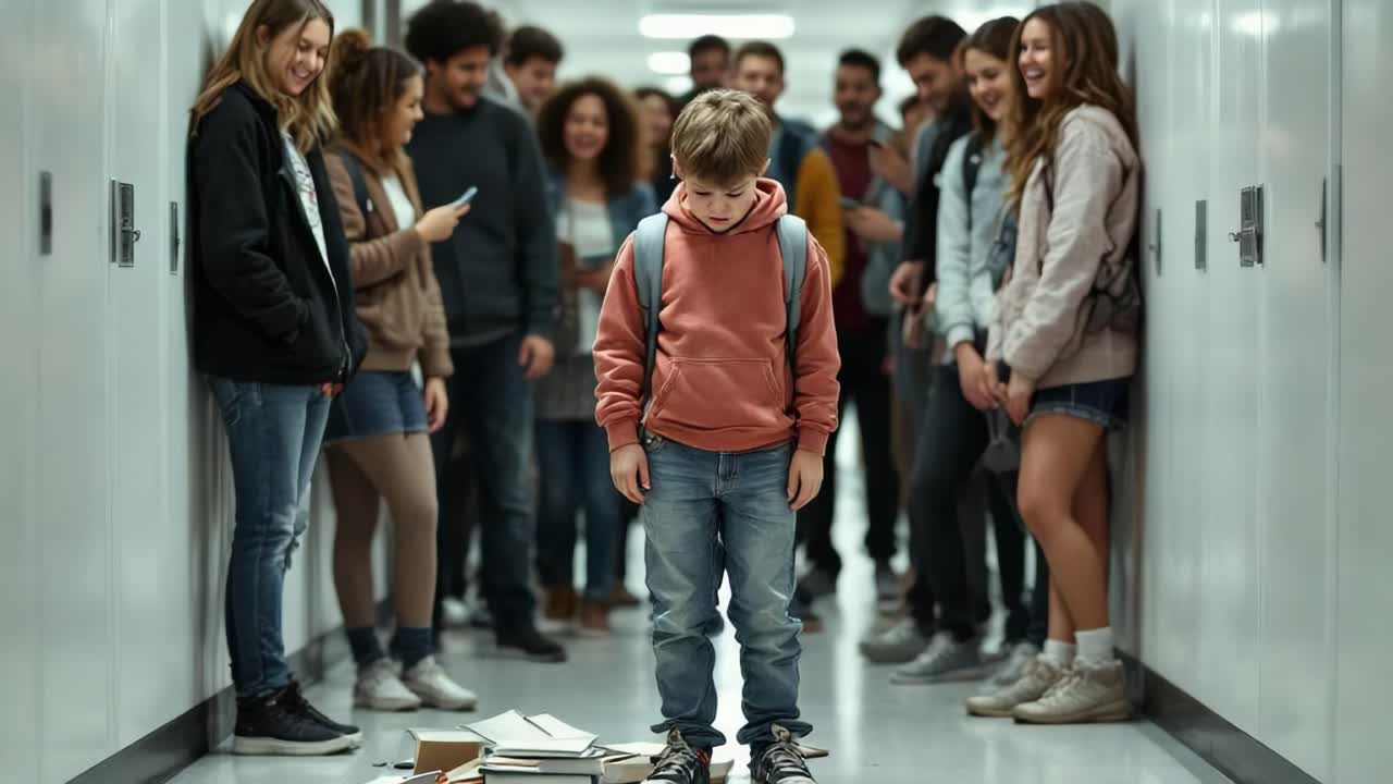 Young boy wearing a hoodie stands in a school hallway, looking down at scattered books, while a group of peers watches him, creating a tense atmosphere of social dynamics and isolation
