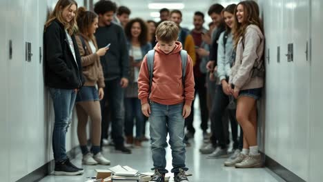 young boy wearing a hoodie stands in a school hallway, looking down at scattered books, while a group of peers watches him, creating a tense atmosphere of social dynamics and isolation