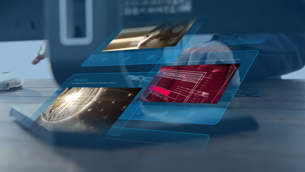 анимация постов в социальных сетях над руками, набирающими ключевое слово.