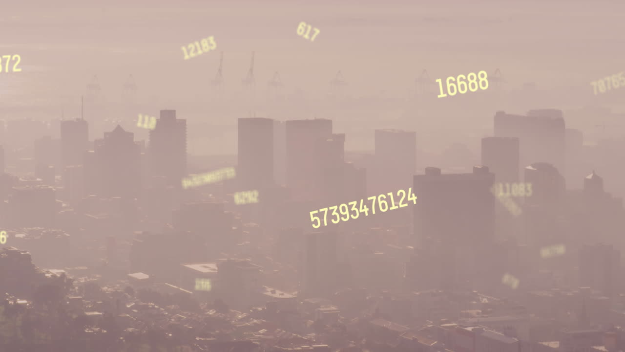 animación de números y procesamiento de datos sobre el paisaje urbano
