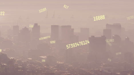 animation of numbers and data processing over cityscape