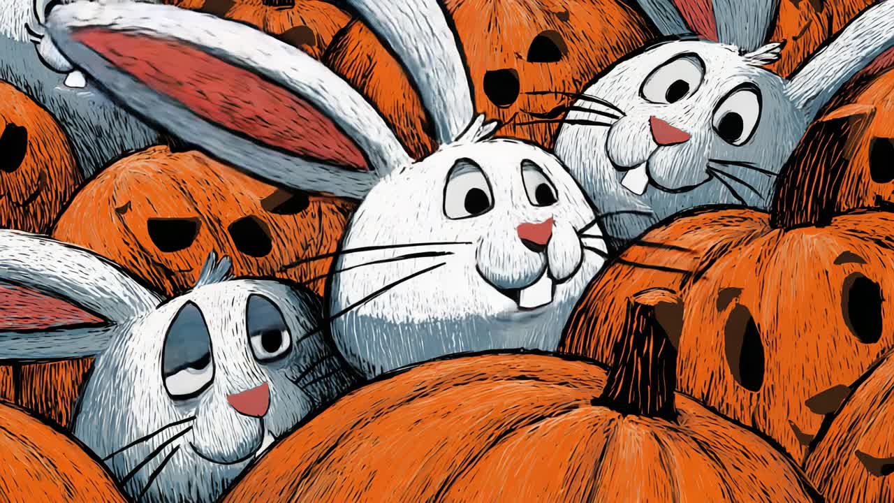Playful Rabbits Surrounded by Pumpkins: A Whimsical Scene Capturing the Joy of Halloween Celebrations with Bunnies and Festive Gourds