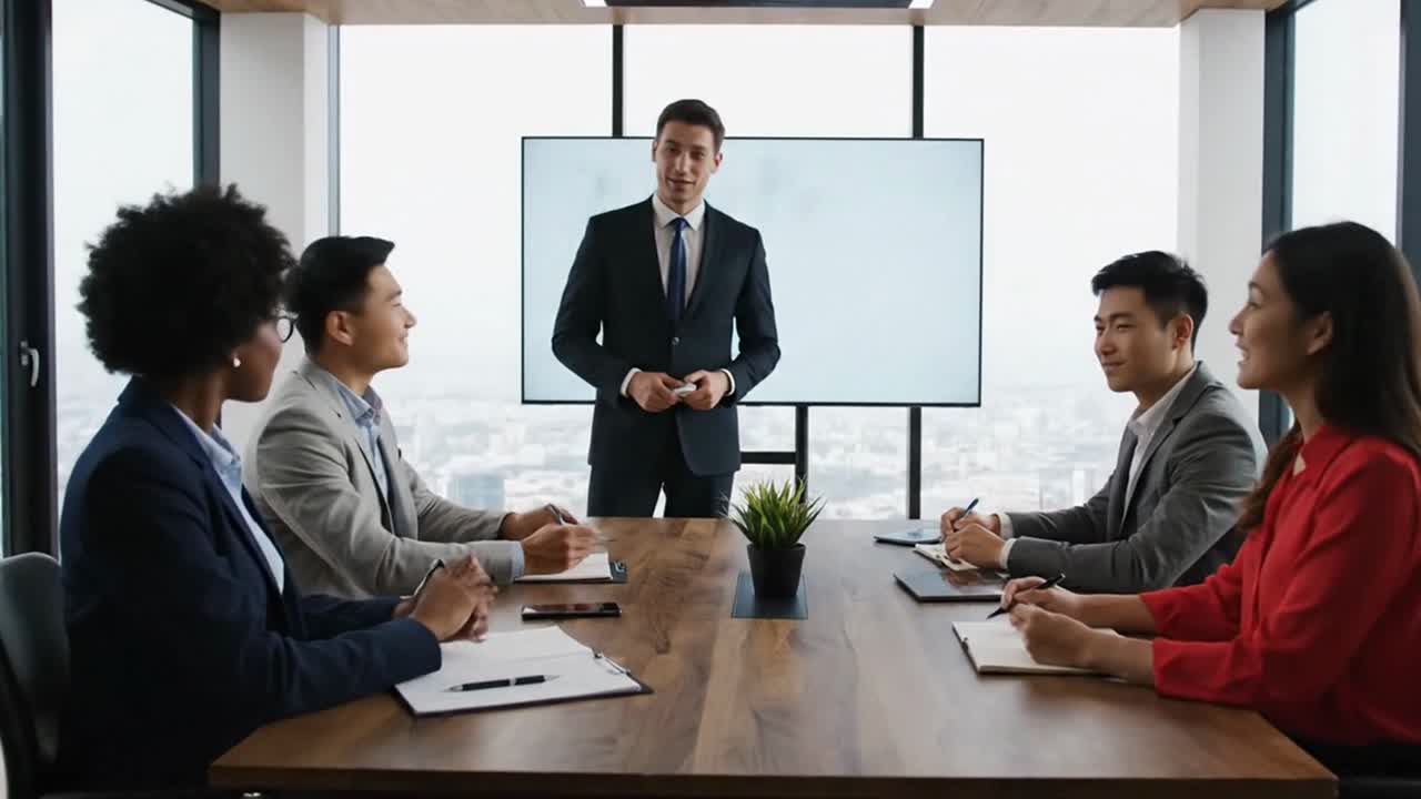 經理在會議室向多元團隊演示業務數據