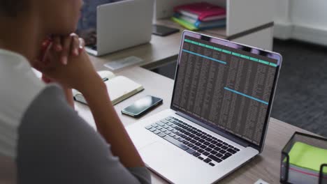 Mixed-race-woman-sitting-at-desk-watching-coding-data-processing-on-laptop-screen