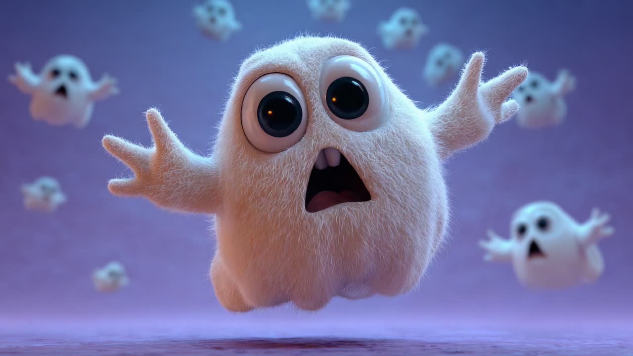 An adorable fluffy ghost character takes center stage, showcasing expressive eyes and an overwhelmed demeanor while surrounded by identical ghostly companions in a vibrant, animated setting
