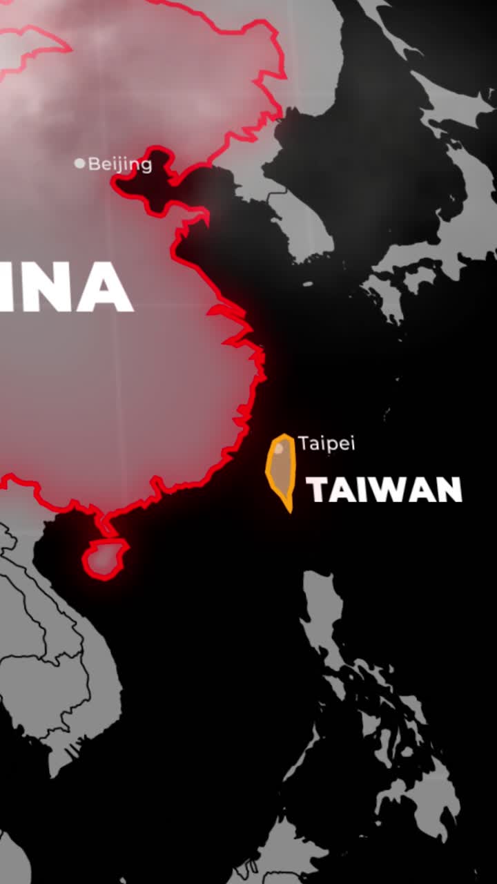 Mapa político animado mostrando a relação tensa e o potencial conflito entre a China e Taiwan, com fronteiras destacadas e efeitos de nuvens sugerindo o aumento das tensões geopolíticas na Ásia