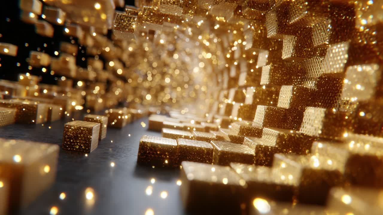 A Glimmering Golden Tunnel of Cubes: A Stunning Visual Journey Through an Enchanting Array of Illuminated Textures and Dynamic Patterns in a Glittering Environment