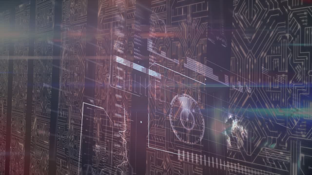 Animation of globe and data processing over server room