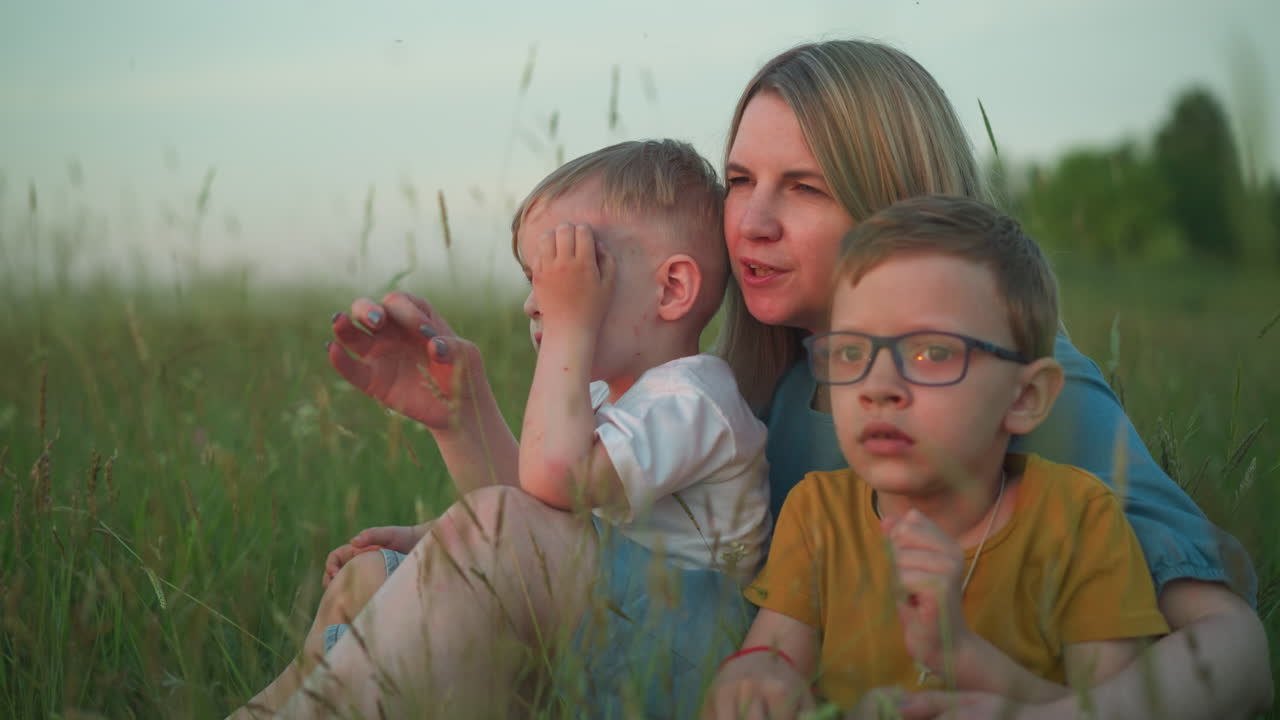 Close-up shot of a mother in a blue gown sitting in a field with her two children, one wearing a yellow top and glasses, and the other in a white top.They gently touch the grass and gaze at the nature