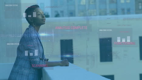 animation of data processing over african american businesswoman on balcony
