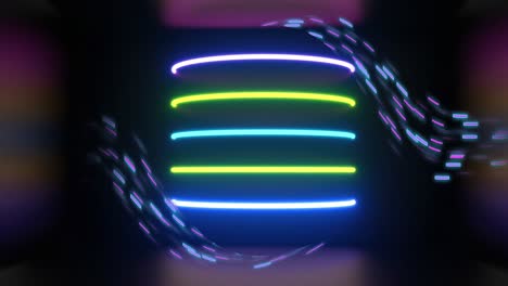 Animation-of-neon-light-trails-and-abstract-shapes-moving-on-black-background
