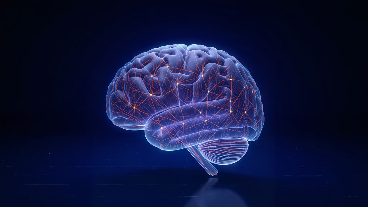 Illuminating 3D translucent brain pulsing filaments, lighting orange nodes, rotating right on floor