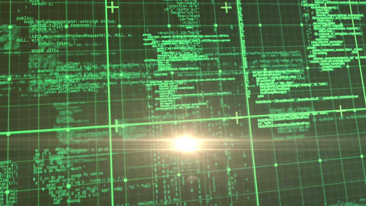 animação de processamento de dados sobre grade em fundo preto