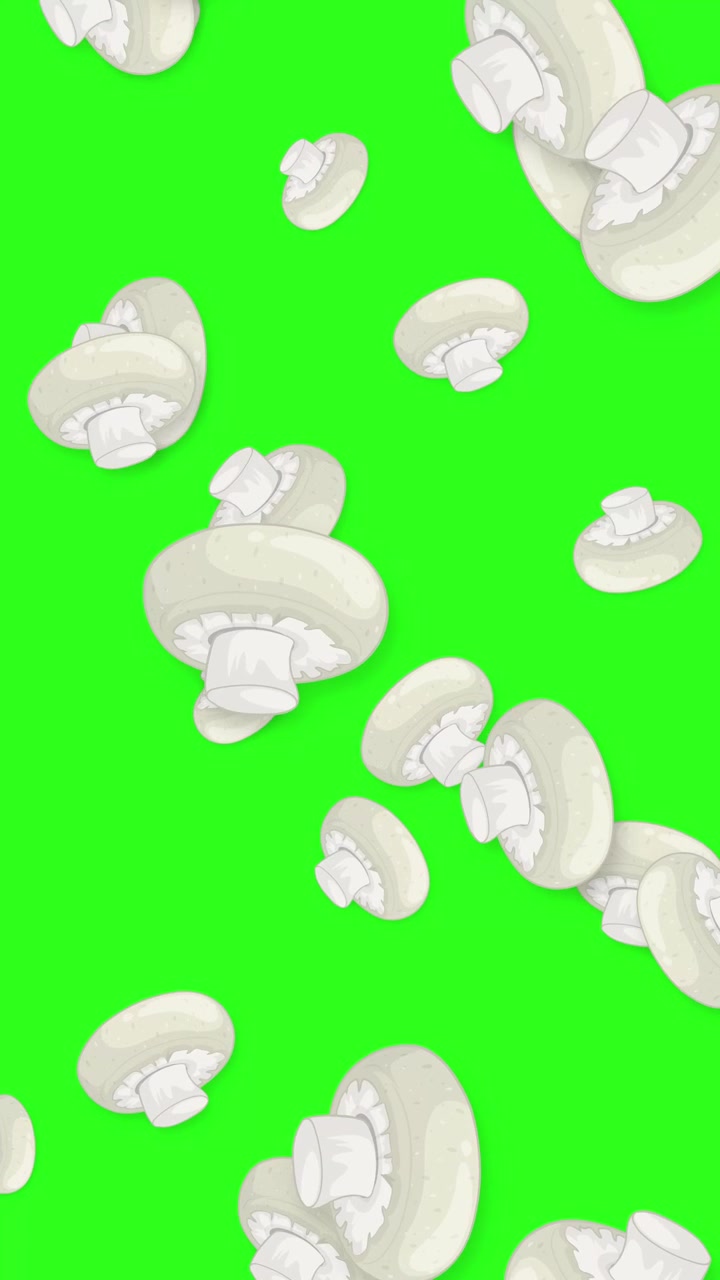 Funghi champignon bianchi animati che cadono verticalmente su uno sfondo vibrante di schermo verde.