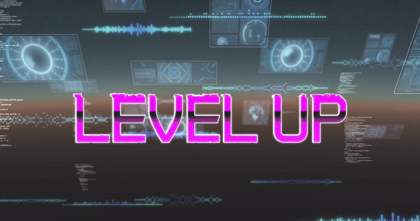 Animation of level up text over data processing on dark background