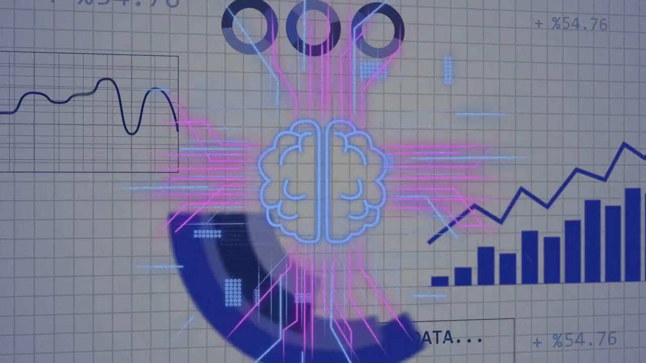 Magenta cyan streaks radiating from center initiating processing, brain pulsing and charts peaking