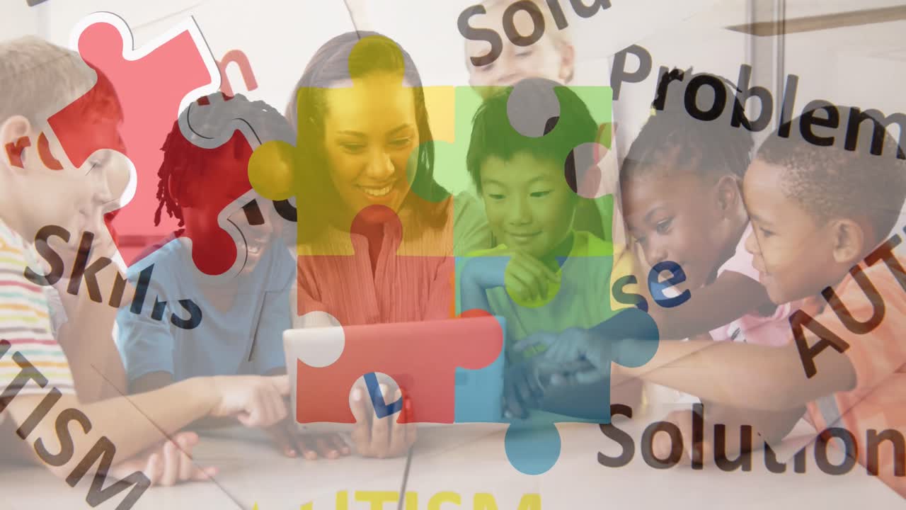 여자 교사와 학교의 다양한 학생들에 대한 퍼즐과 자폐성 텍스트의 애니메이션