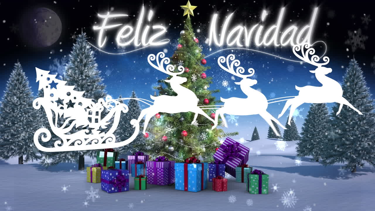 santa claus en trineo siendo tirado por renos contra el texto de feliz navidad sobre el paisaje de invierno