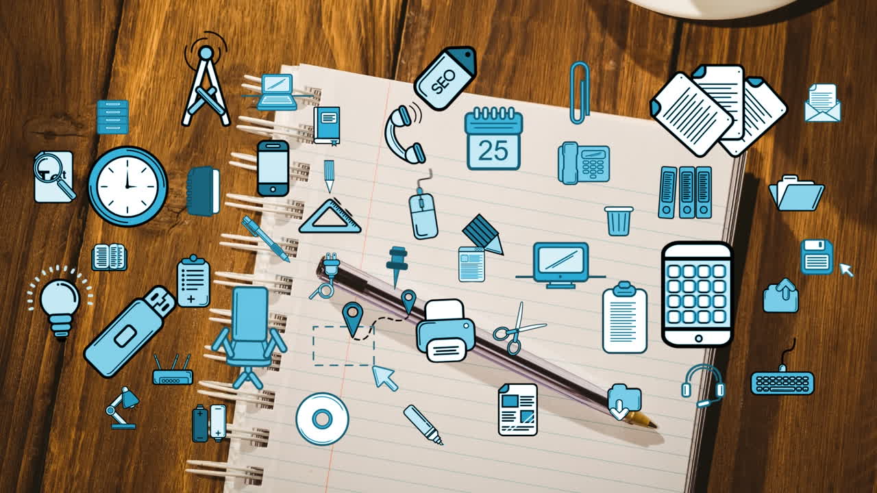 animación de iconos sobre el cuaderno en el escritorio