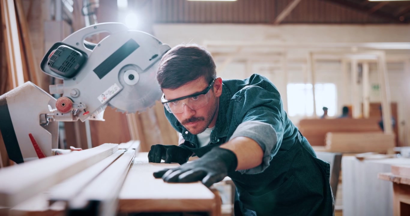 Carpenter Using Miter Saw to Cut Wood in Workshop