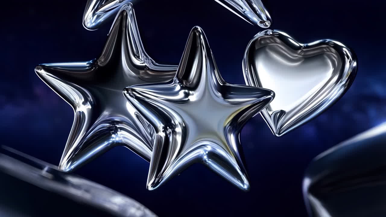 Shiny Chrome Stars and Heart on Dark Blue Background